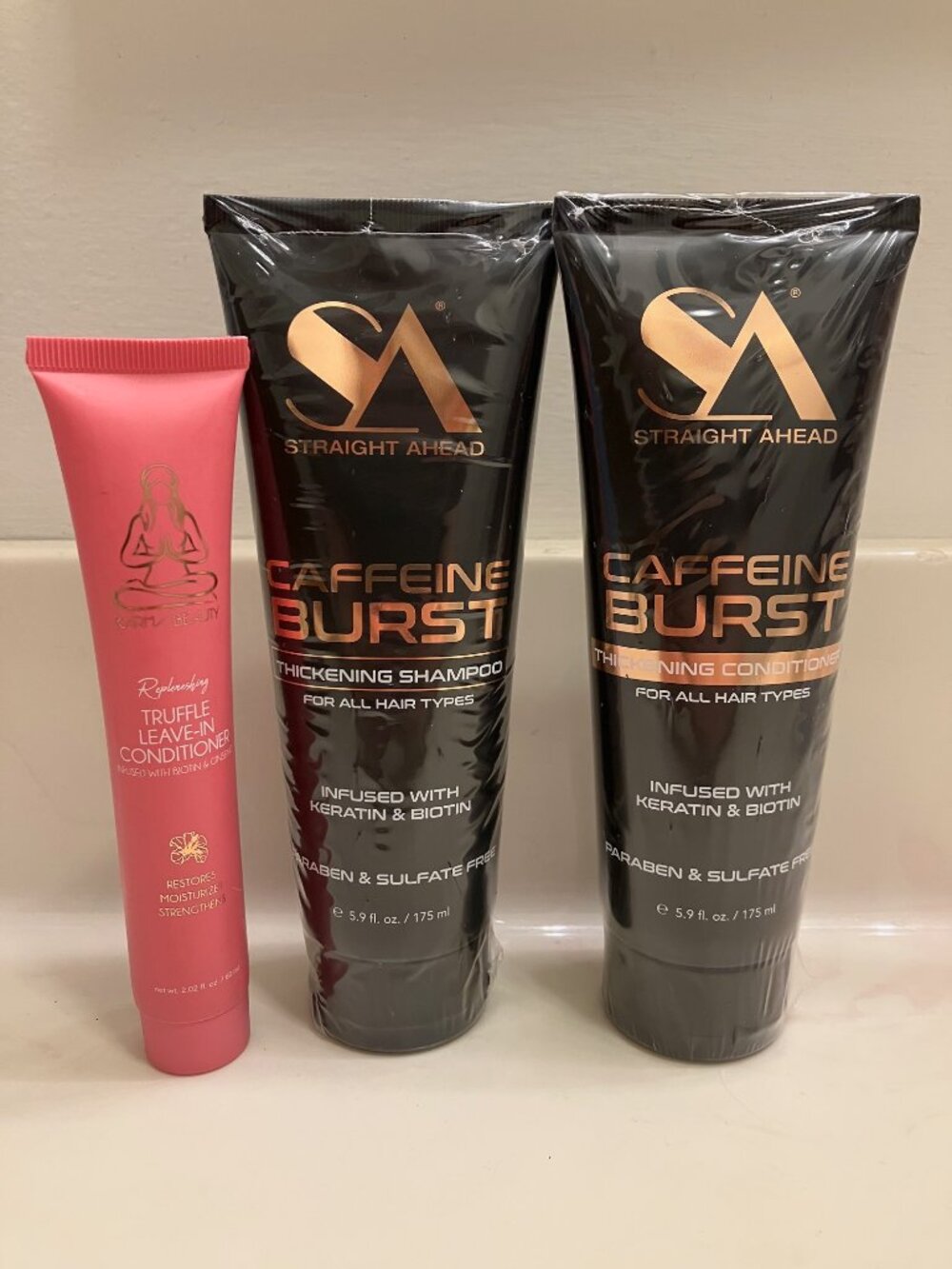 New Straight Ahead Caffeine Burst Shampoo/Condt & Karma Beauty Leave in Condt